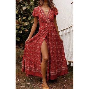 Bohemian Floral Printed Wrap V Neck Short Sleeve Split Beach Party Maxi Dress